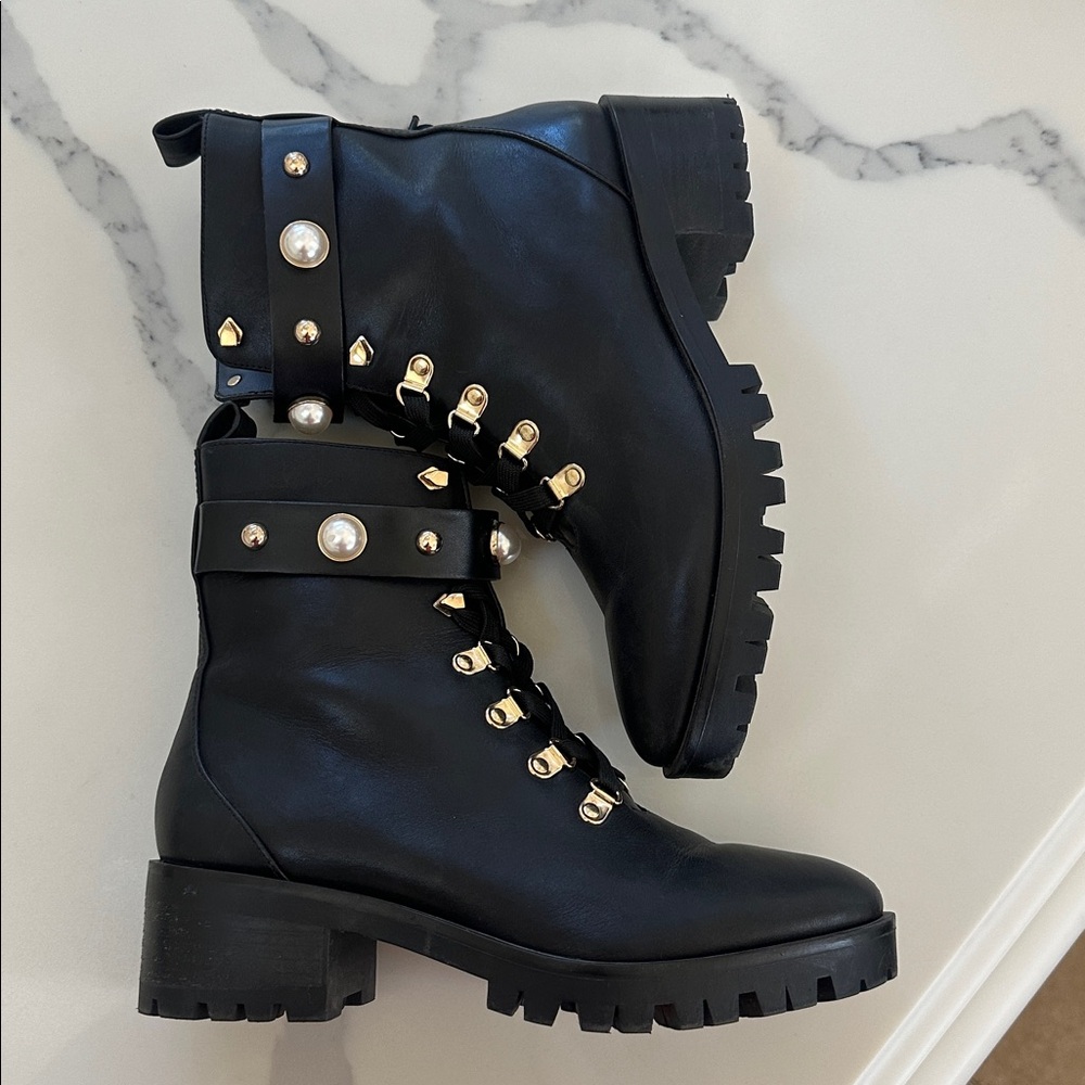 Black Leather Combat Boots ankle Gold and Pearl size 8 or 38 Karl Lagerfeld